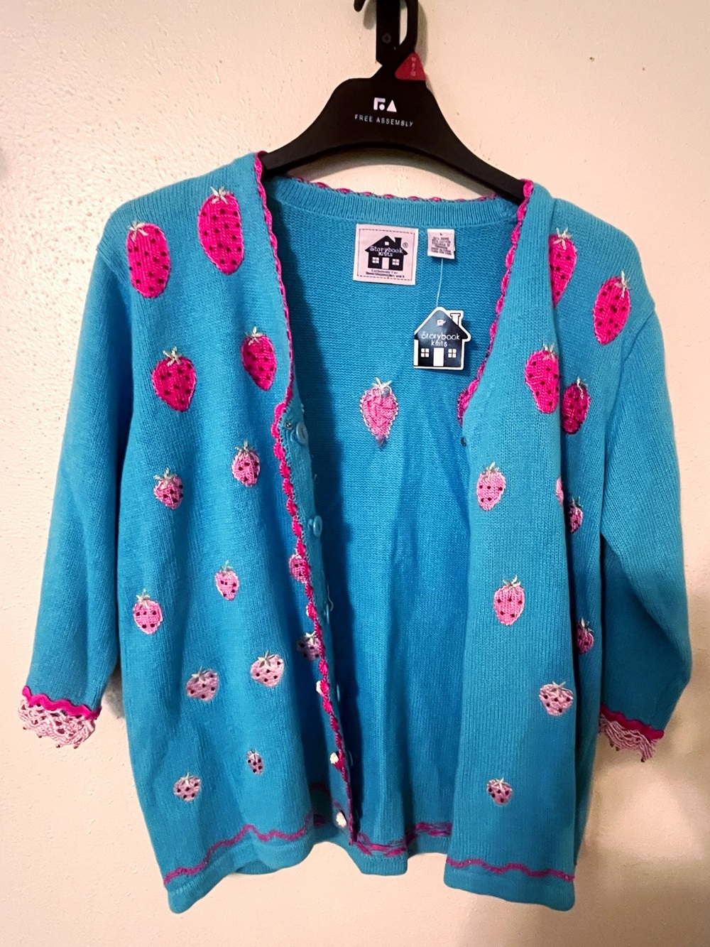 Storybook Knits NWT VINTAGE STRAWBERRY Cardigan Blue Crochet Trim Sweater - Picture 3 of 13
